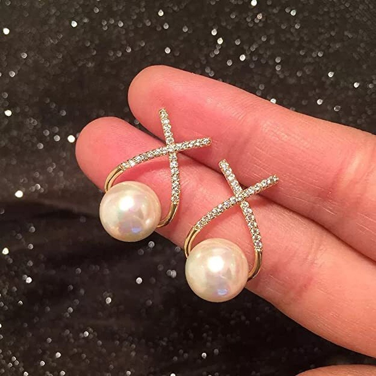 na korean diamond cross pearl stud earrings 2 pcs set exotique original imagq8gggs9a9ttm